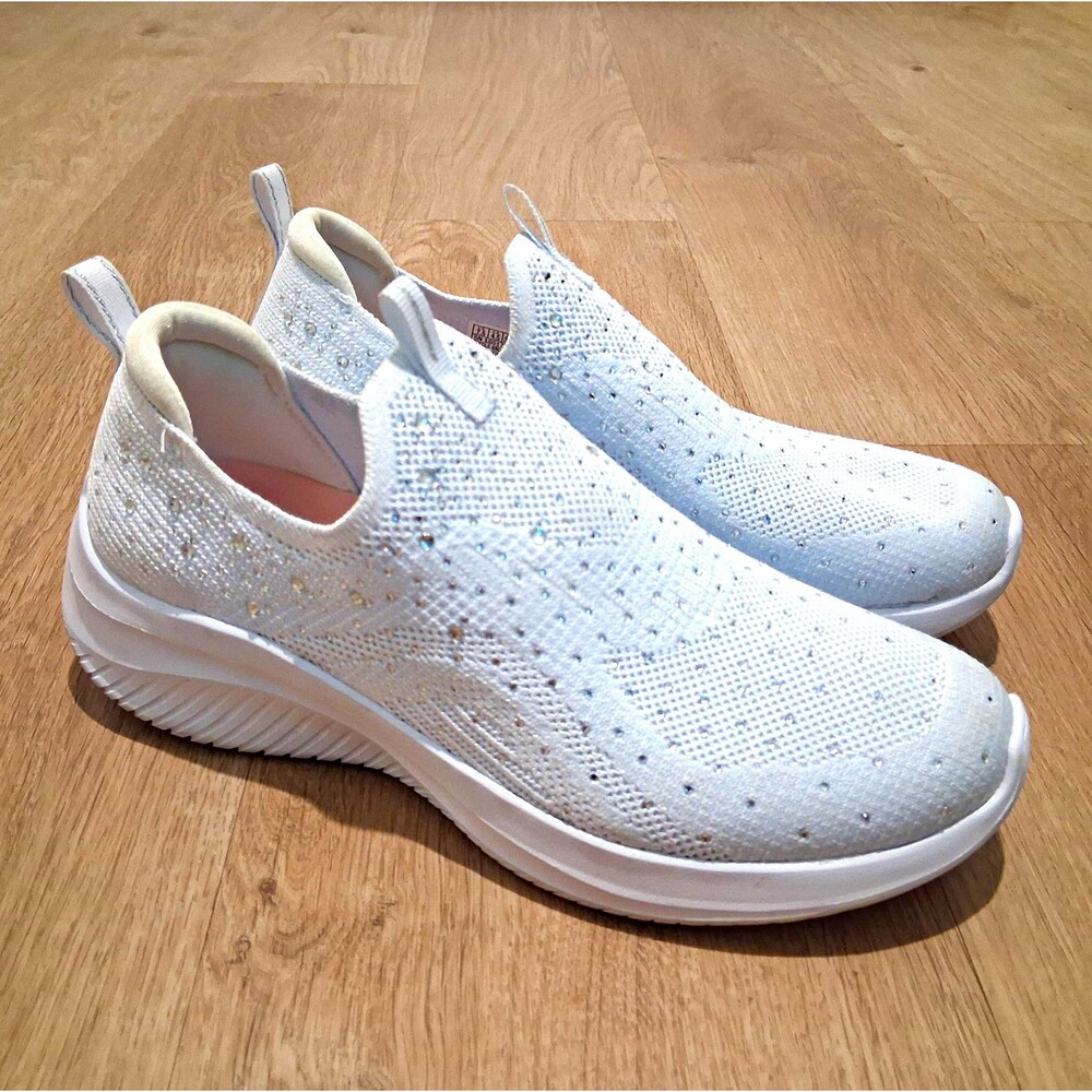 SKECHERS Rhinestone White Knit SlipOn Sneakers Memory Foam Women's 7.5
